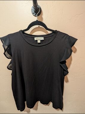 EUC Woman's Michael Kors Black Sheer Ruffle Sleeve T-shirt Top XL